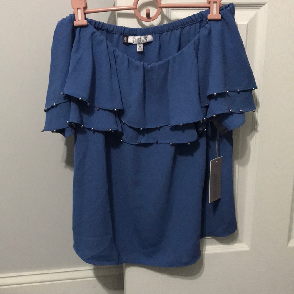 Blue off the shoulder Jennifer Lopez shirt size m